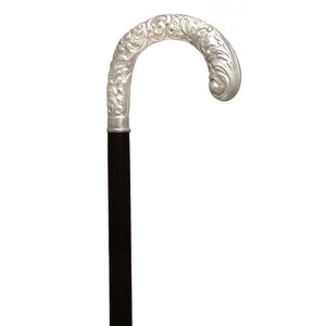 Formal Hallmarked Sterling Silver 925 Carved Crook Walking Cane