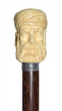 Certified Ivory Arabic Man Head Mounted on Iron Stick and Silver Ring